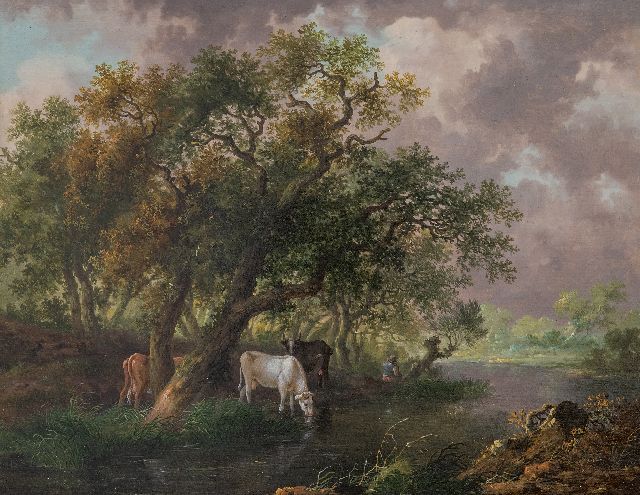 Renard F.T.  | Trinkendes Vieh an einem Fluss, Öl auf Holz 26,5 x 34,3 cm, Unterzeichnet (unklar) verso auf Etikett und zu datieren um 1815