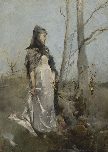 Haaxman P.A.  | Frau in einer Landschaft, Öl auf Holz 34,0 x 25,5 cm, Unterzeichnet u.l. mit Monogramm und datiert 1879