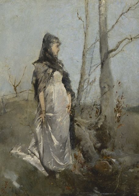 Pieter Alardus Haaxman | Frau in einer Landschaft, Öl auf Holz, 34,0 x 25,5 cm, Unterzeichnet u.l. mit Monogramm und datiert 1879