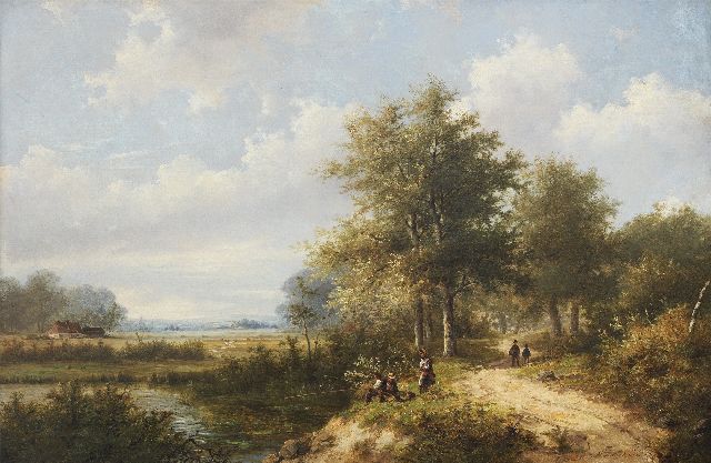 Hendrik Pieter Koekkoek | Waldlandschaft mit Anglern bei einem Bach, Öl auf Leinwand, 41,5 x 62,3 cm, Unterzeichnet r.u. (zweimal)