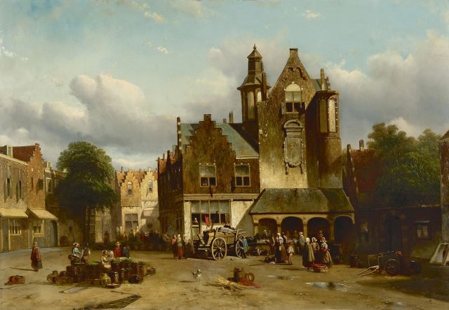 Vrolijk J.A.  | Marktansicht mit Fischbank mit Fantasiebild inspiriert auf Haager Binnenhof, Öl auf Holz 48,0 x 68,0 cm, Unterzeichnet u.r. und datiert '58