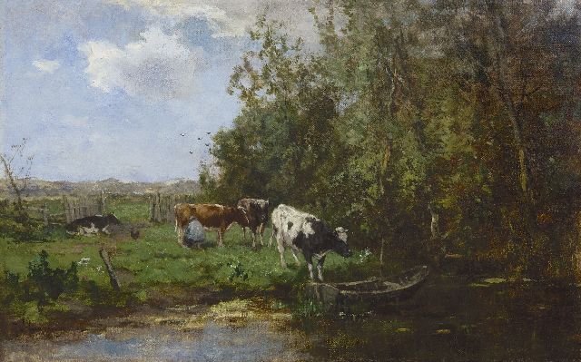 Johan Frederik Cornelis Scherrewitz | Kühe an der Tränke, Öl auf Leinwand, 35,7 x 55,4 cm, Unterzeichnet u.L.
