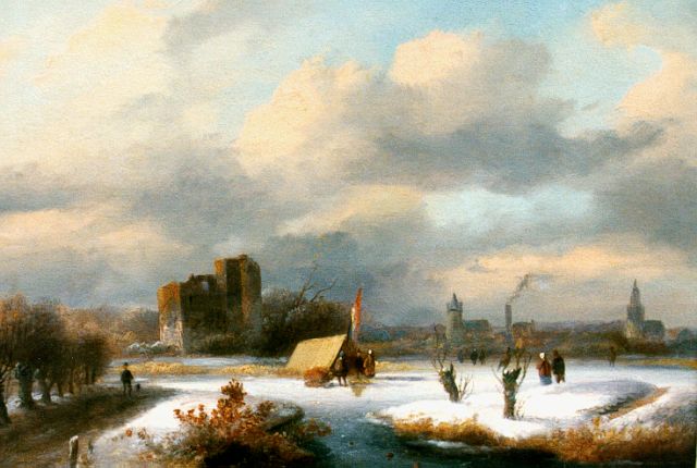 Johannes Petrus van Velzen | Skaters on a frozen waterway, Öl auf Holz, 18,0 x 22,2 cm, signed l.r.