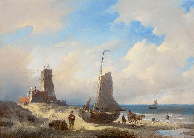 Jan Jacob Spohler | Strandansicht bei leuchtturm, Öl auf Tafel, 46,8 x 64,9 cm, Unterzeichnet u.l.