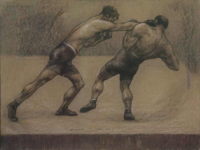 Sluiter J.W.  | Der Boxkampf von Joe Beckett gegen Tommy Burns, London 1920, Holzkohle und Pastell auf Papier auf Pappe 74,3 x 99,0 cm, Unterzeichnet M.r. und datiert 'London 1920'
