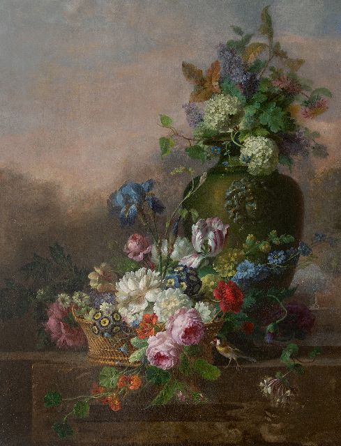 Willem van Leen | Blumenstilleben mit Rosen, Tulpe, einer Iris und anderen Blumen, Öl auf Leinwand, 116,2 x 90,8 cm, Unterzeichnet vage unterzeichnet
