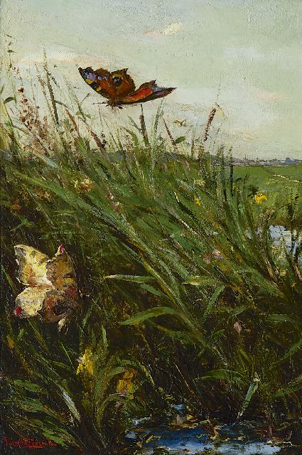 Frans Helfferrich | Schmetterlinge im Schilfrohr, Öl auf Holz, 29,8 x 20,0 cm, Unterzeichnet l.u.