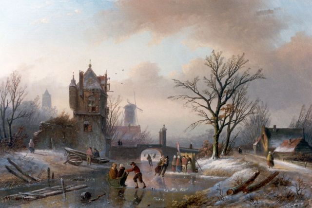 Jan Jacob Spohler | Skaters on a frozen waterway by a ruin, Öl auf Tafel, 22,3 x 33,5 cm, signed l.l.