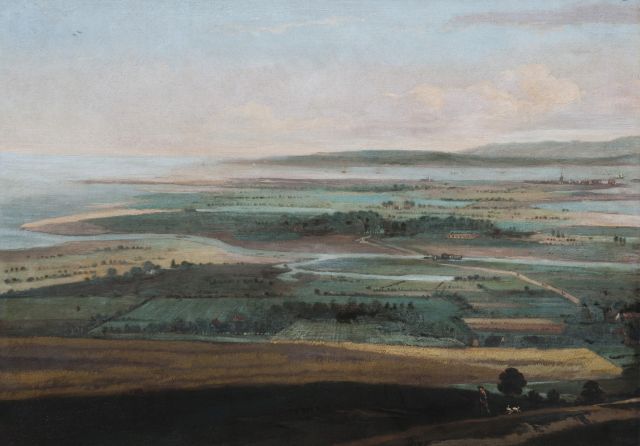 Joris Cornelisz. van der Haagen | Panoramische Landschaft mit dem Meer im Hintergrund, vermutlich Falmouth (Süd England), Öl auf Leinwand, 55,1 x 75,5 cm