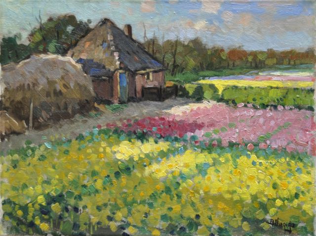 Ben Viegers | Blühende Blumenzwiebelfelder, Öl auf Leinwand, 30,6 x 40,8 cm, Unterzeichnet u.r
