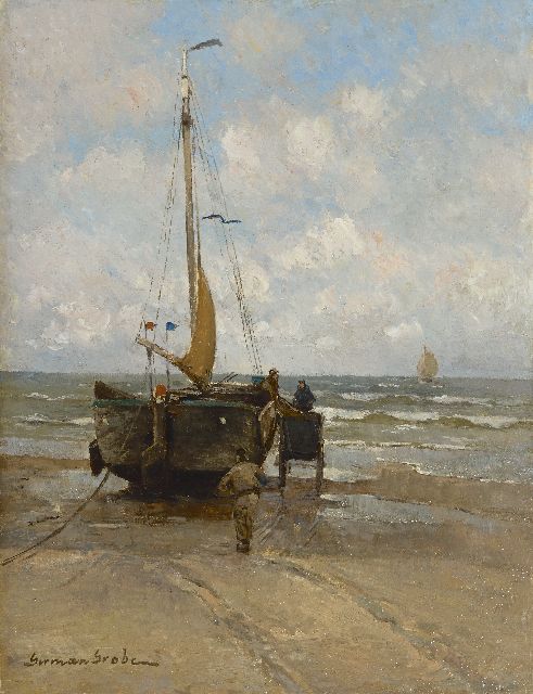 German Grobe | Das Laden der Netze, Katwijk, Öl auf Holz, 35,0 x 26,6 cm, Unterzeichnet u.l.