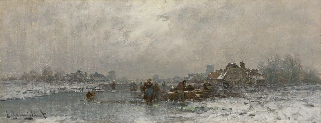 Johann Jungblut | Fischmarkt auf zugefrorenem Fluss in Holland, Öl auf Leinwand, 18,8 x 48,0 cm, Unterzeichnet u.l.
