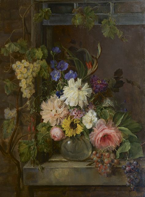 Georgius van Os | Stilleben mit Sommerblumen und Weintrauben, Öl auf Holz, 97,0 x 75,5 cm, Unterzeichnet u.r. und datiert 1809