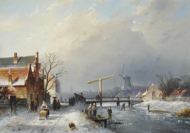 Charles Leickert | Winterlicher Stadtansicht mit Schlittschuhläufern, Öl auf Tafel, 25,8 x 35,9 cm, Unterzeichnet u.r.