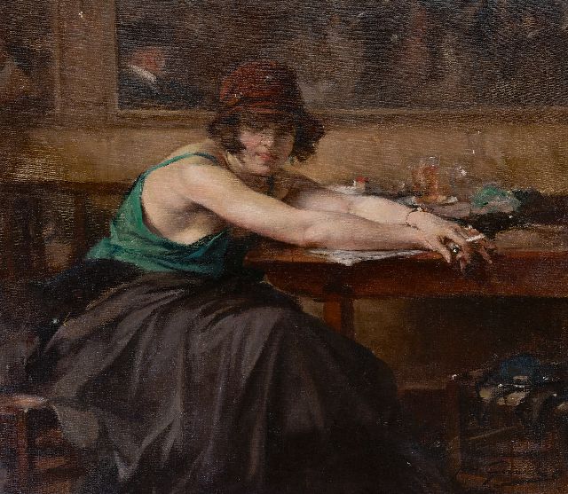 Jean Gouweloos | Frau am Café Tisch, Öl auf Leinwand, 70,5 x 80,4 cm, Unterzeichnet u.r.