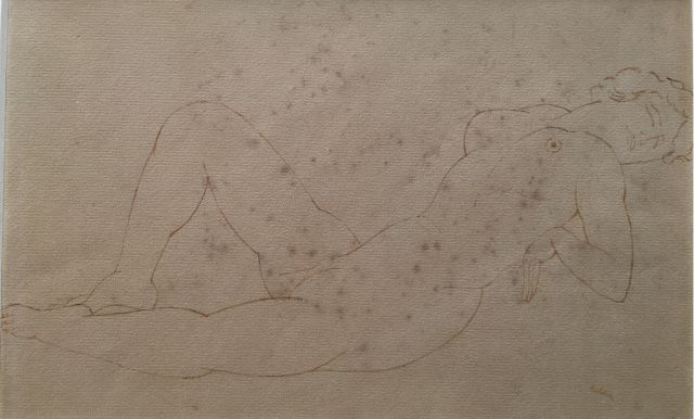 Kelder A.B.  | Ruhender weiblicher Akt, Feder und Tinte auf Papier (auf Holzfaser) 19,6 x 29,8 cm, Unterzeichnet u.r.