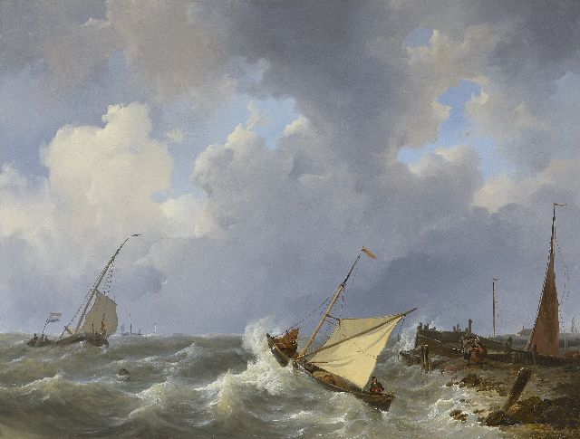 Johannes Christianus Schotel | Segelschiffe auf wilder See bei einem Hafeneingang, Öl auf Leinwand, 55,6 x 73,4 cm, Unterzeichnet u.r. und datiert 1825