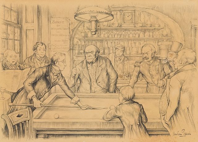 Anton Pieck | Das Billiardspiel, Bleistift auf Papier, 15,5 x 22,0 cm, Unterzeichnet u.r.
