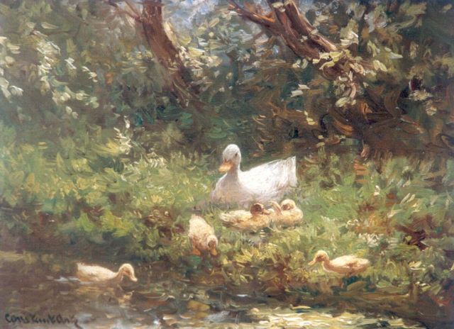 Constant Artz | Duck with ducklings watering, Öl auf Holz, 18,2 x 24,2 cm, signed l.l.