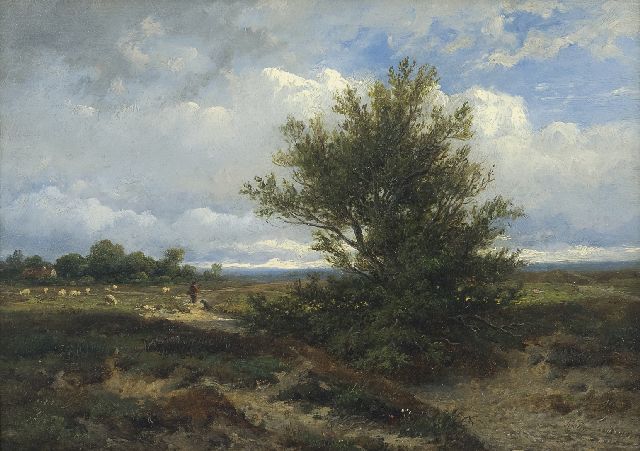 Wijngaerdt A.J. van | Heidelandschaft mit Hirten und Schafen, Öl auf Holz 22,3 x 31,0 cm, Unterzeichnet u.r. und datiert 1865