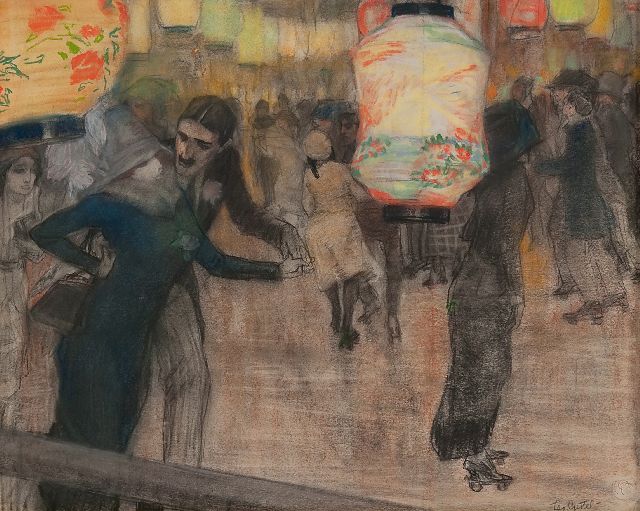 Leo Gestel | Auf der Rollschuhbahn mit japanischen Lampionen, Schwarze Kreide und Pastell auf Papier, 41,5 x 52,0 cm, Unterzeichnet u.r. und zu datieren um 1910-1911