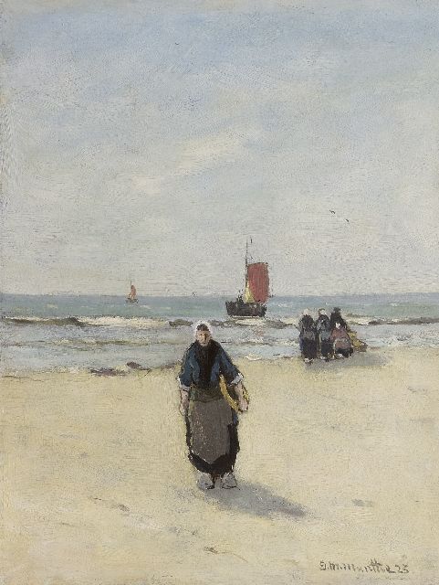 Morgenstjerne Munthe | Fischerfrauen auf dem Strand, Öl auf Malereifaser, 30,8 x 23,7 cm, Unterzeichnet u.r. und datiert '23