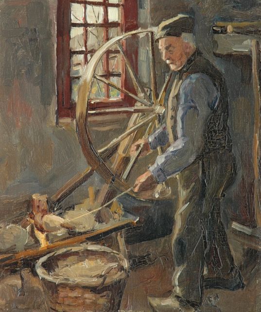 Piet Mondriaan | Innenraum mit zwirnendem Mann, Öl auf Leinwand  auf Holzfaser, 34,0 x 28,0 cm, te dateren ca. 1893-97
