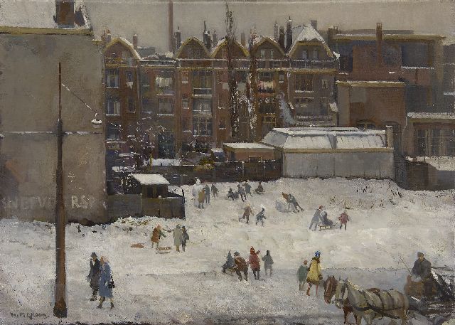 Piet Groen | Schneevergnügen in Rotterdam, Öl auf Leinwand, 50,4 x 70,5 cm, Unterzeichnet u.l.