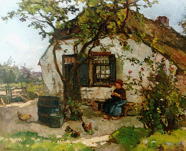 Johannes Evert Akkeringa | A farmer's wife knitting, Öl auf Leinwand, 35,5 x 43,4 cm, signed l.r.