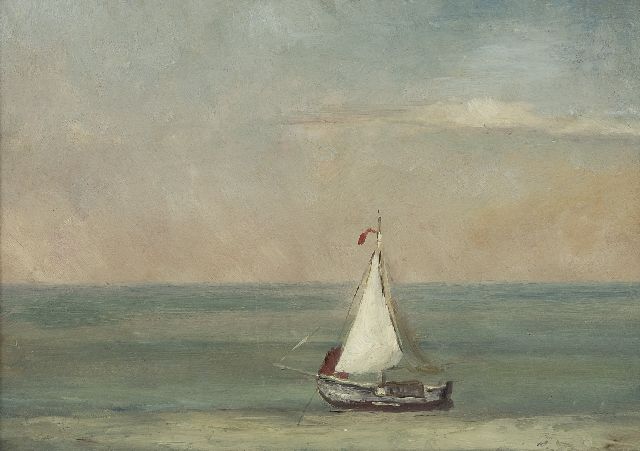 Hendrik Willem Mesdag | Ruhige See mit weissem Segelschiff, Öl auf Papier auf Holz, 21,8 x 30,2 cm