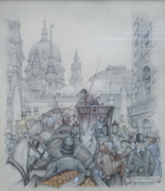 Anton Pieck | Wagen in Fleetstreet, London, Bleistift und Aquarell auf Papier, 23,2 x 19,3 cm, Unterzeichnet u.r.