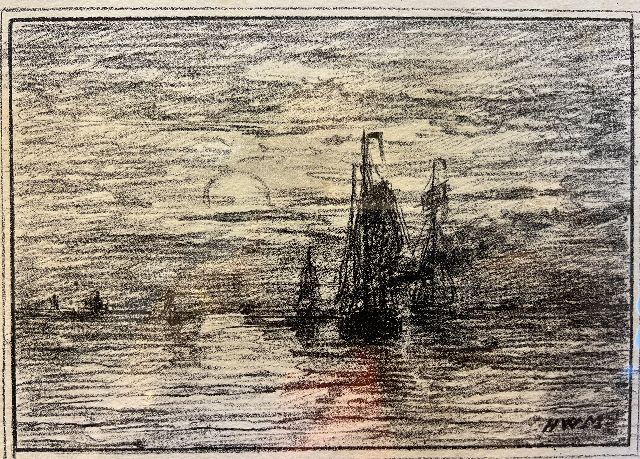 Hendrik Willem Mesdag | Schiffe bei untergehender Sonne, Litho, 12,5 x 17,5 cm, Unterzeichnet r.u.