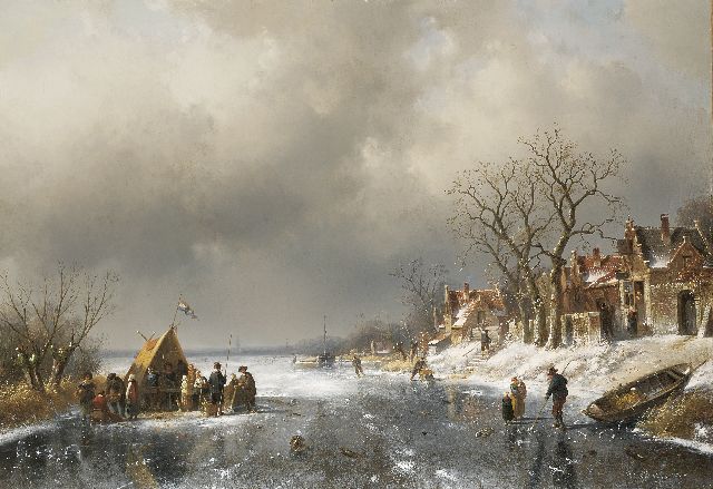 Charles Leickert | 'Koek-en-zopie' Bude auf dem Eis am Rande eines Dorfes, Öl auf Leinwand, 71,4 x 103,2 cm, Unterzeichnet u.r.