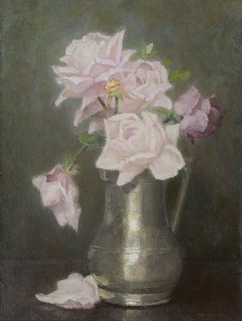 Marie Wandscheer | Rosen in einer Zinnvase, Öl auf Leinwand, 41,5 x 31,4 cm, Unterzeichnet u.r. und auf Keilrahmen