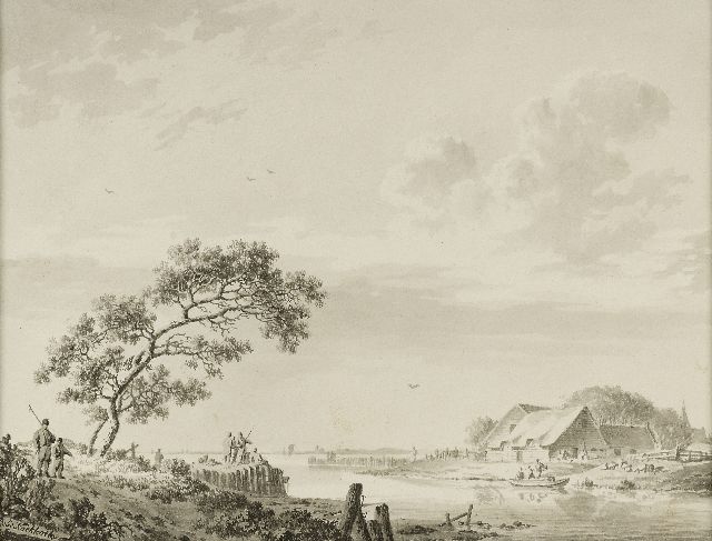 Barend Cornelis Koekkoek | Flusslandschaft in Zeeland, Feder, Pinsel und Tinte auf Papier, 14,6 x 19,3 cm, Unterzeichnet l.u.