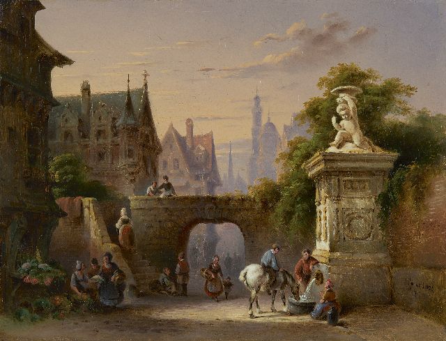 Grootveld J.D.G.  | Stadtansicht mit Figuren am Brunnen, Öl auf Leinwand 27,3 x 35,9 cm, Unterzeichnet u.r. und datiert 1852