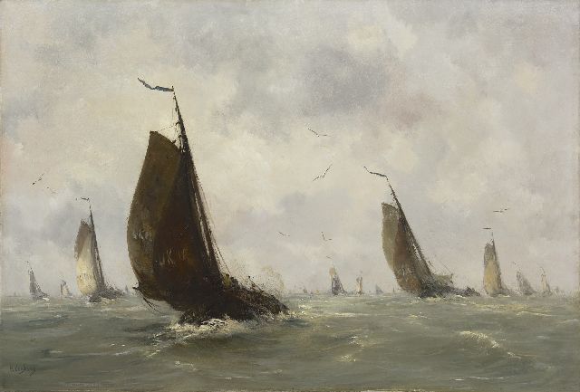 Hobbe Smith | Ausfahrende Urker Fischerboote, Öl auf Leinwand, 72,5 x 107,3 cm, Unterzeichnet u.l.