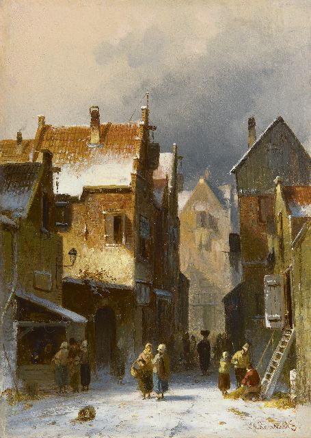 Charles Leickert | Stadtansicht im Winter, Öl auf Holz, 27,1 x 19,3 cm, Unterzeichnet u.r.