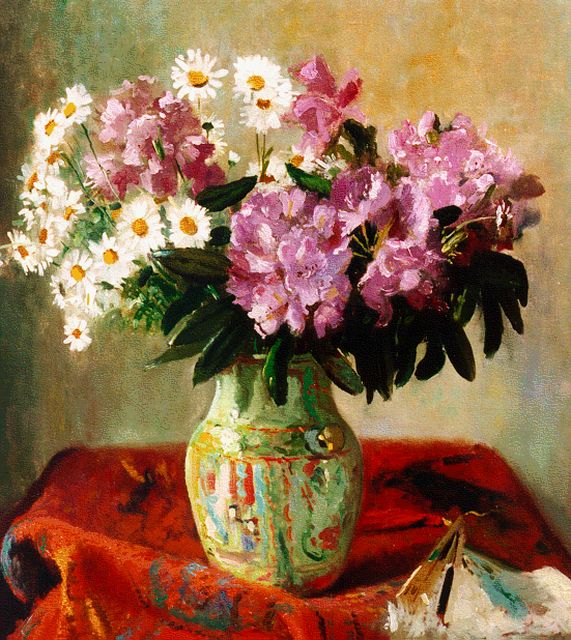 Louis de Winter | Rhodondendrons and daisies in a vase, Öl auf Leinwand, 74,0 x 64,0 cm, signed l.r.