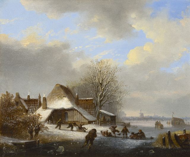 Jacobus van der Stok | Eisvergnügenauf zugefrorenem Fluss, Öl auf Holz, 26,3 x 31,9 cm, Unterzeichnet u.r.