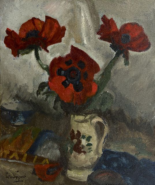 Piet van Wijngaerdt | Klatschrosen in Kanne mit Blumenmuster, Öl auf Leinwand, 80,5 x 68,9 cm, Unterzeichnet u.l.