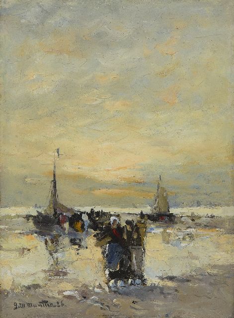 Munthe G.A.L.  | Fischerleute un 'Bom'schiffe auf dem Strand, Öl auf Malereifaser 24,0 x 17,9 cm, Unterzeichnet u.l. und datiert '26