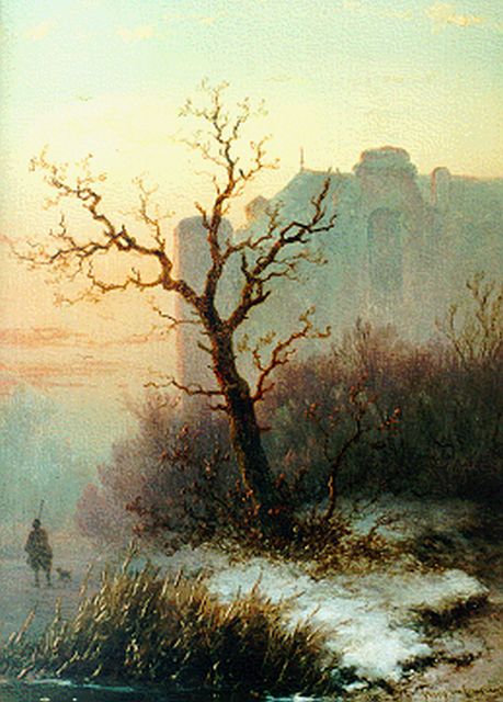 Hoppenbrouwers J.F.  | A hunter at dawn, Öl auf Holz 23,2 x 17,2 cm, signed l.r. und dated '57