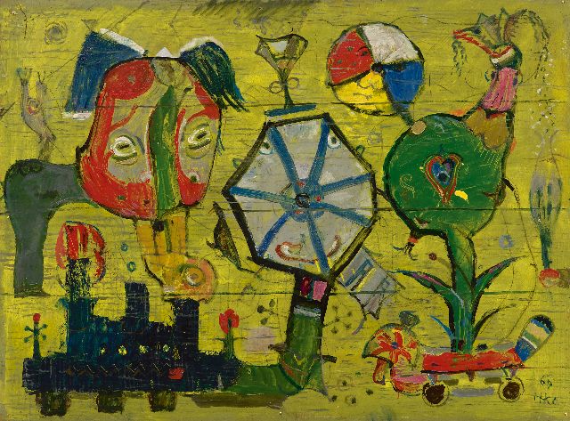 Kamerlingh Onnes H.H.  | Kindergemälde auf einem Zaun, Öl auf Holzfaser 44,8 x 60,2 cm, Unterzeichnet u.r. mit Monogramm und datiert '69