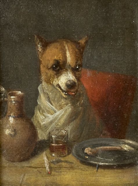 Charles van den Eycken | Der Feinschmecker: ein Hund am Tisch, Öl auf Holz, 7,5 x 5,6 cm, Unterzeichnet u.l. mit Monogramm und datiert '77