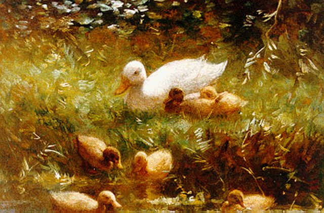Constant Artz | Duck with ducklings watering, Öl auf Holz, 18,1 x 24,0 cm, signed l.l.