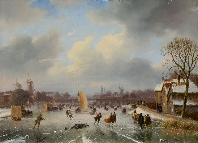 Nicolaas Roosenboom | Wintervergnügen mit Eissegelboot und Schlittschuhläufern, Öl auf Holz, 29,5 x 40,4 cm, Unterzeichnet l.u.