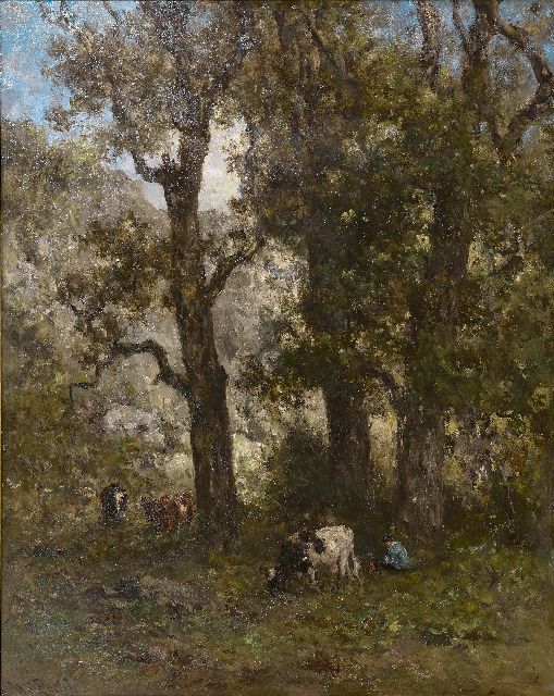 Willem Roelofs | Hirt mit Kühen im Wald, Öl auf Tafel, 56,1 x 45,8 cm, Unterzeichnet u.l.