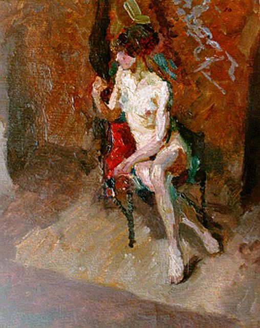 Elsinga J.  | A seated nude, Öl auf Holz 32,3 x 26,2 cm, signed u.l. with monogram und dated '20
