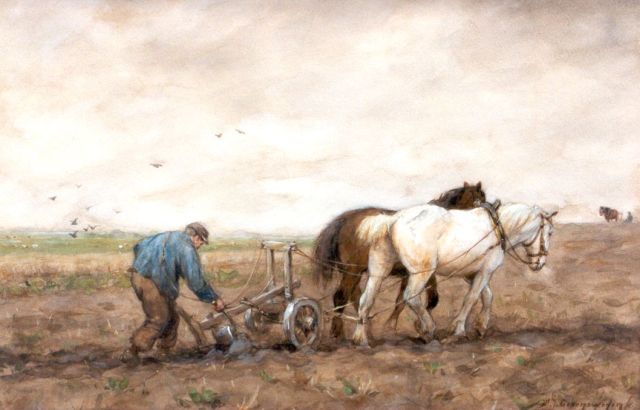 Adriaan Groenewegen | Ploughing farmer, Aquarell auf Papier, 33,3 x 51,0 cm, signed signed l.r.